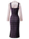 [Pre-Sale] 2PCS Purple 1960s Plaid Pencil Dress & Drawstring Ruched Satin Blouse