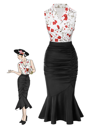 2PCS 1930s Floral Lapel Top & Pleated Fishtail Skirt