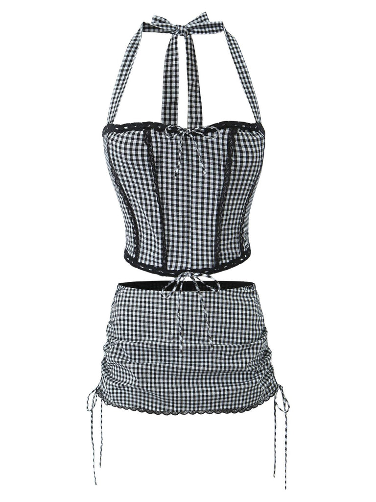 2PCS 1950s Gingham Plaid  Lace-Up Crop Camisole & Skirt