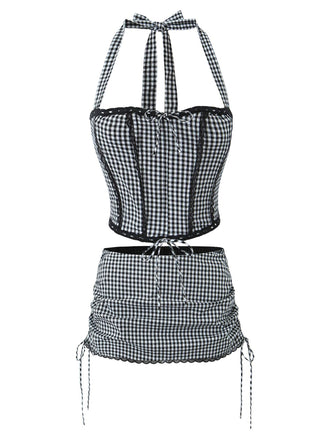 2PCS 1950s Gingham Plaid  Lace-Up Crop Camisole & Skirt