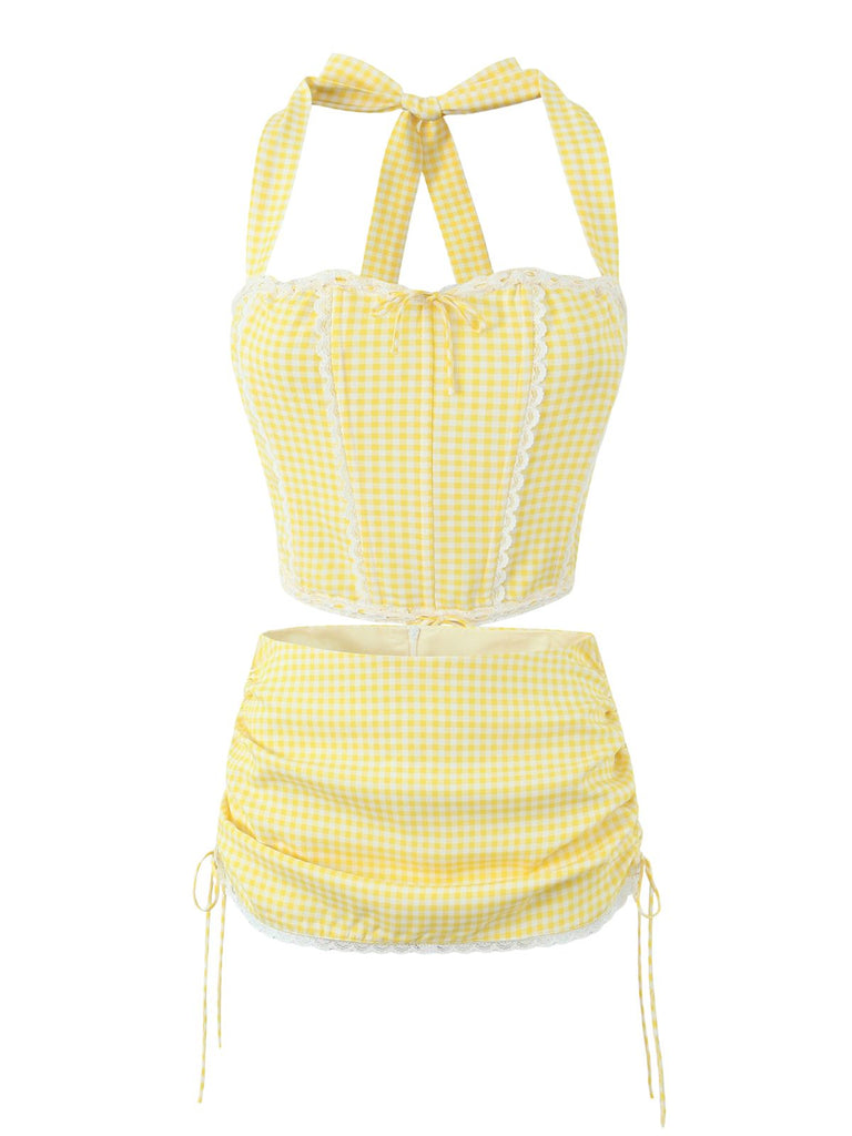 2PCS 1950s Gingham Plaid  Lace-Up Crop Camisole & Skirt