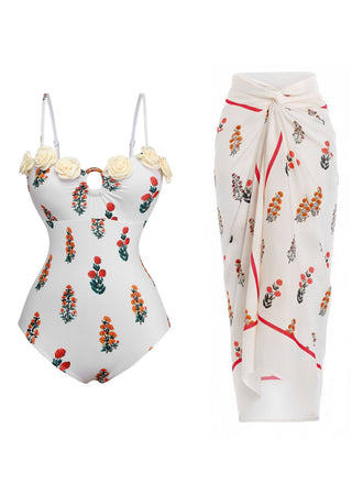 2PCS White 1960s 3D-Flower Spaghetti Straps Swimsuit & Cover-Up