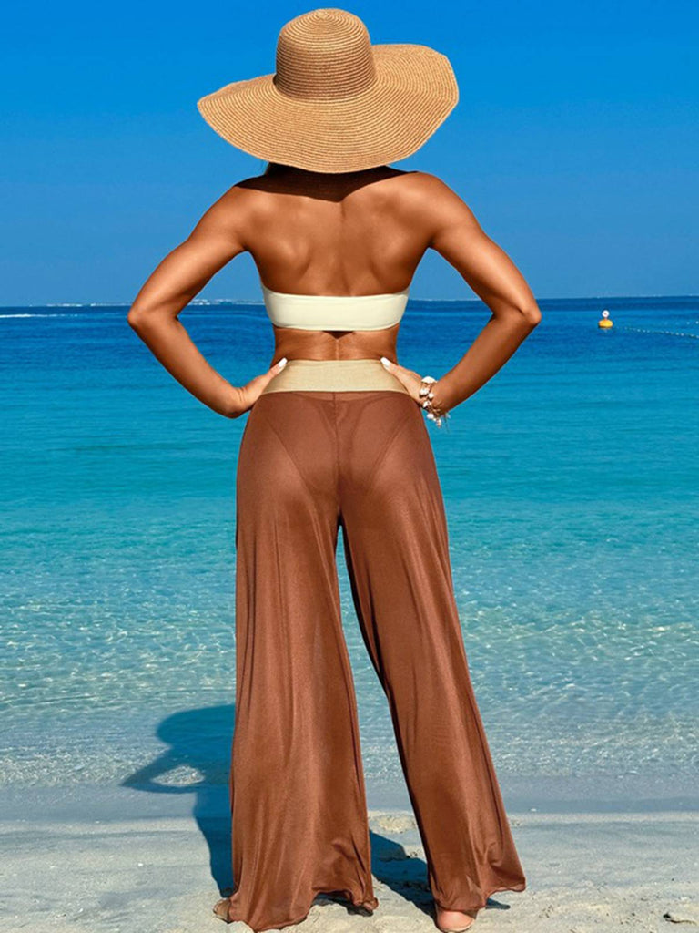 1960s Contrast Bandeau Swimsuit & Pants Cover-Up