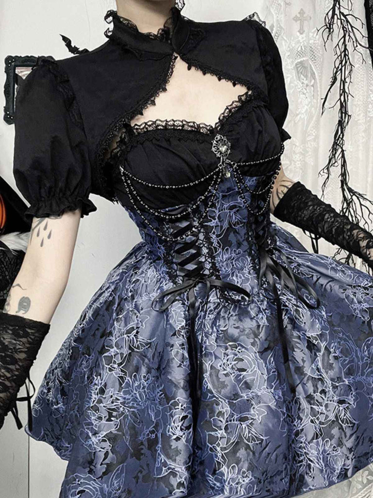 2PCS Black & Blue 1980s Gothic Cape Cardigan & Floral Embroidered Dress