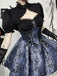 2PCS Black & Blue 1980s Gothic Cape Cardigan & Floral Embroidered Dress