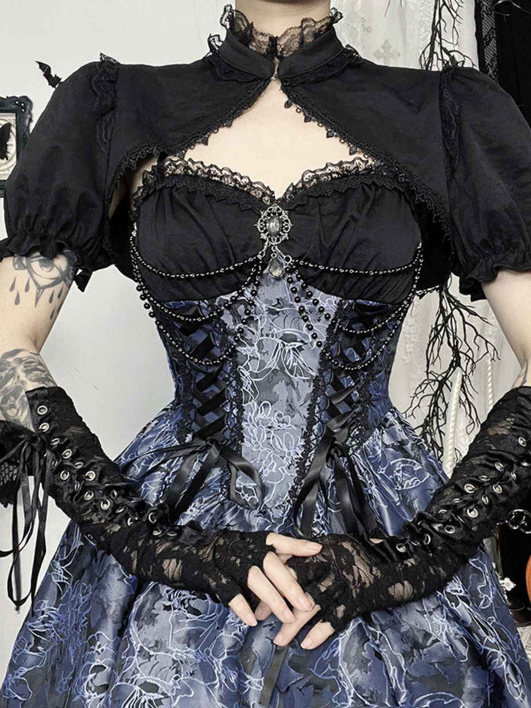 2PCS Black & Blue 1980s Gothic Cape Cardigan & Floral Embroidered Dress