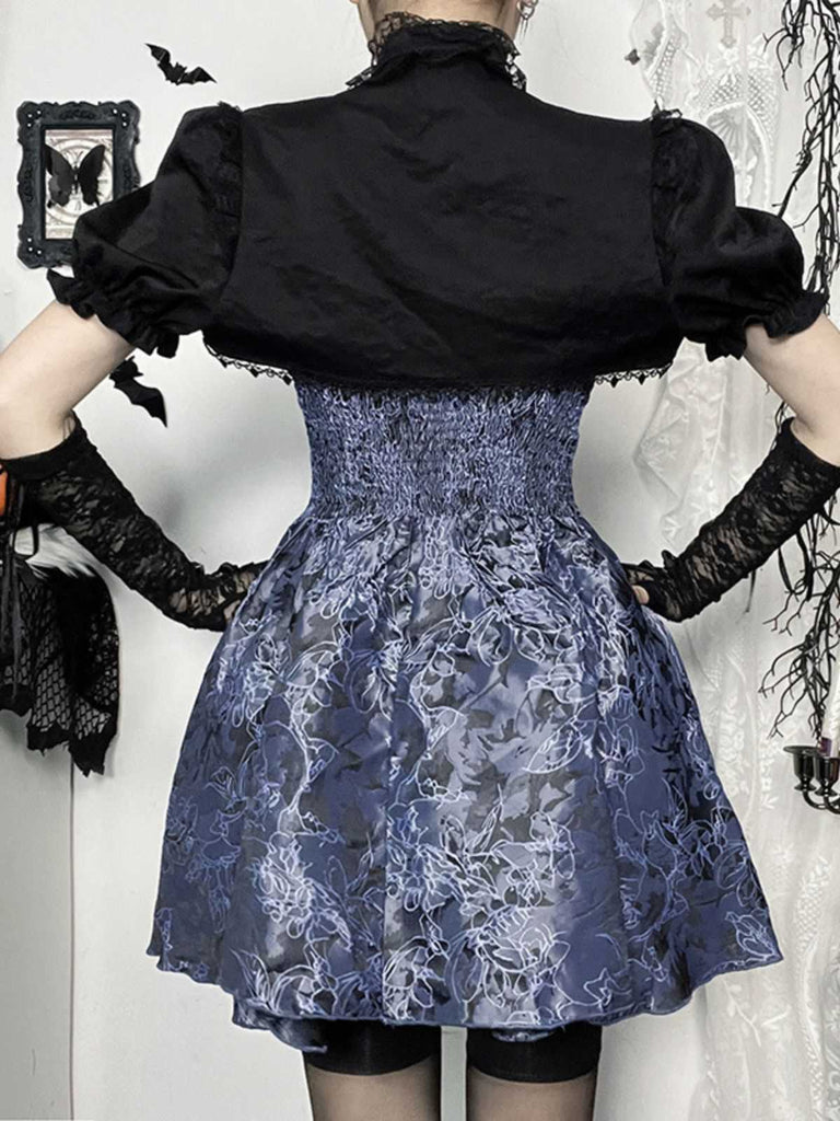 2PCS Black & Blue 1980s Gothic Cape Cardigan & Floral Embroidered Dress