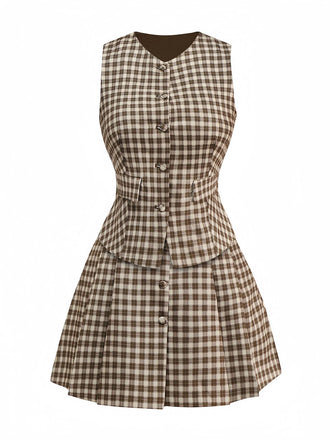 2PCS Brown 1960s Gingham Plaid Pleated Vest & Skirt