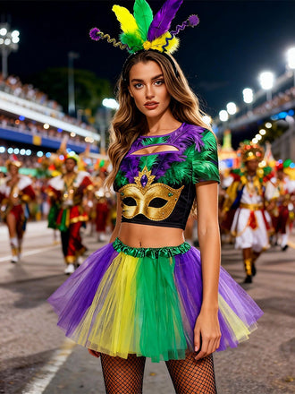 3PCS 1970s Carnival Mask Cutout Top & Petticoat & Headband