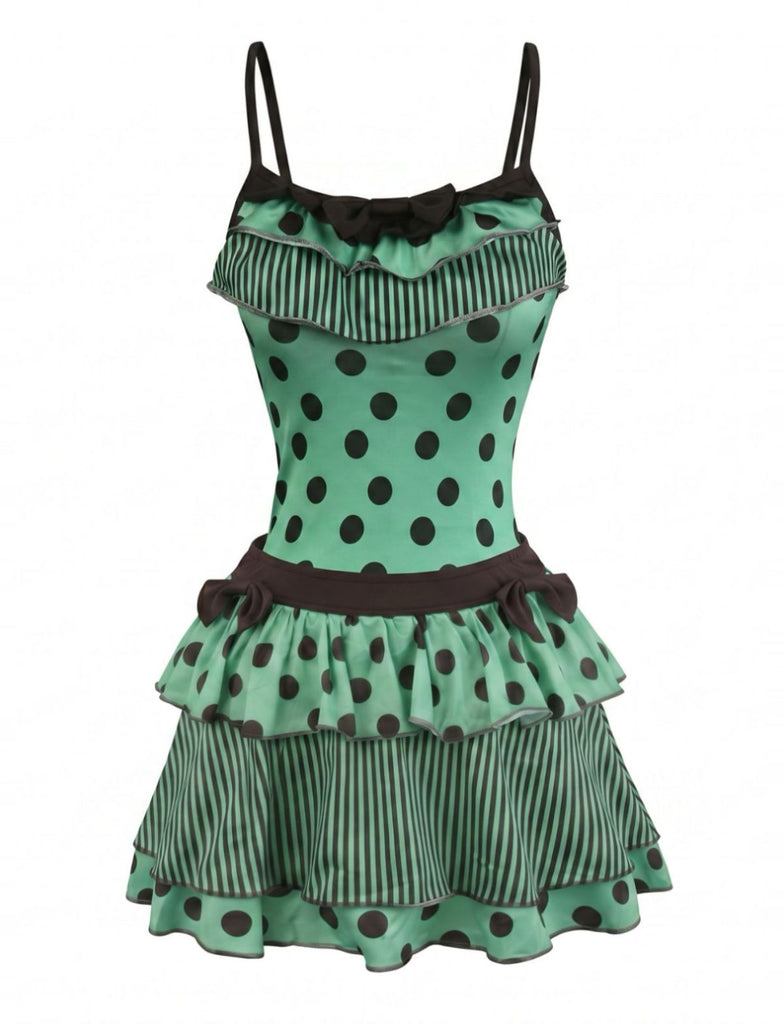 2PCS 1980s Polka Dot Sleeveless Tank Top & Layered Mini Skirt, vintage skirt, retro style - perfect for women who love vintage and retro fashion