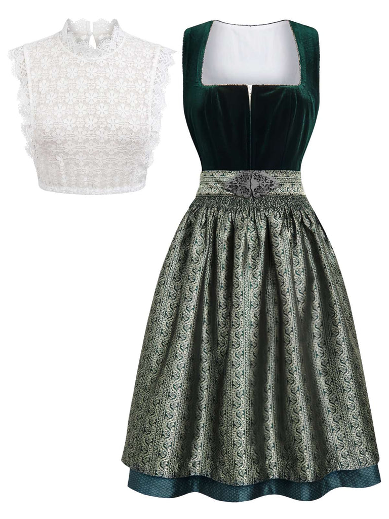 3PCS Green 1950s Square Neck Velvet Jacquard Dress & Apron & Lace Top