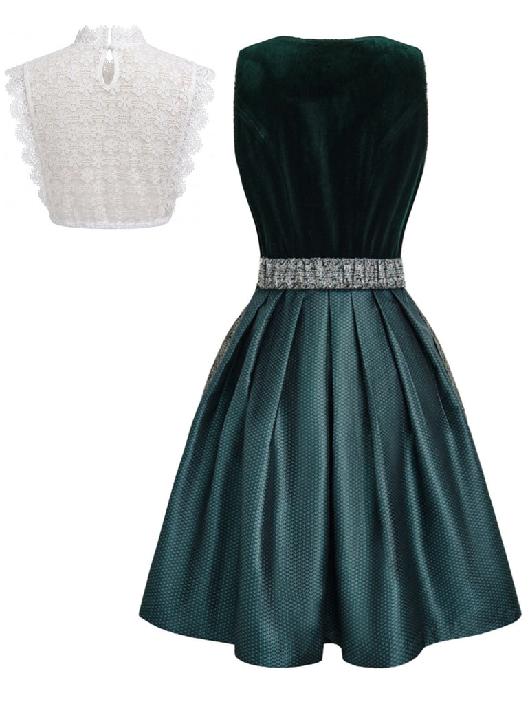 3PCS Green 1950s Square Neck Velvet Jacquard Dress & Apron & Lace Top