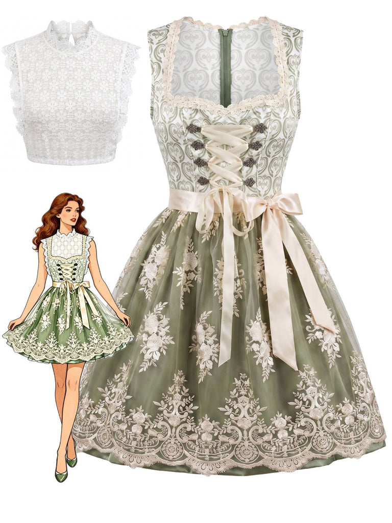 Light Green 1950s Square Neck Dress & Floral Lace Apron & White Top