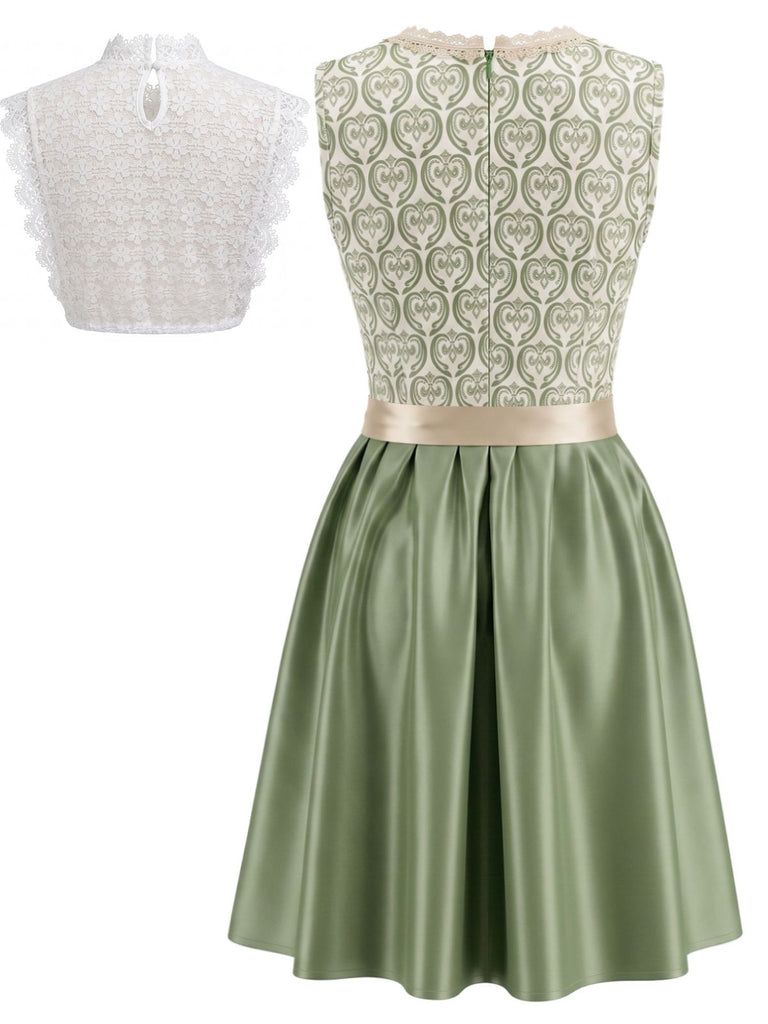 Light Green 1950s Square Neck Dress & Floral Lace Apron & White Top