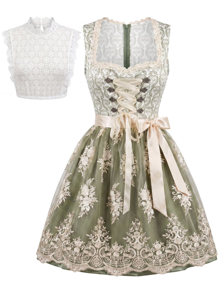Light Green 1950s Square Neck Dress & Floral Lace Apron & White Top