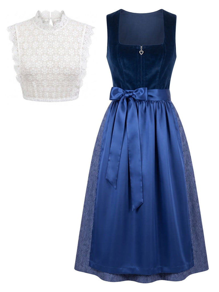 Blue 1950s Velvet Paisley Print Dress & Apron & Lace Top