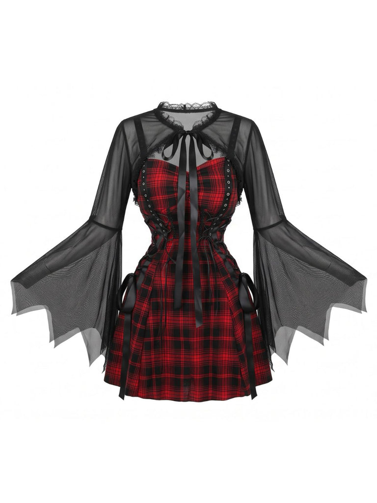 1950s Plaid Spaghetti Strap Halloween Dress With Accessory Set