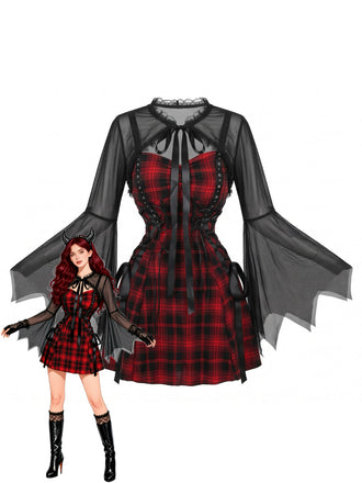 1950s Plaid Spaghetti Strap Halloween Dress With Accessory Set