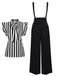 2PCS Black 1930s Stripes Tie Collar Blouse & Suspender Pants