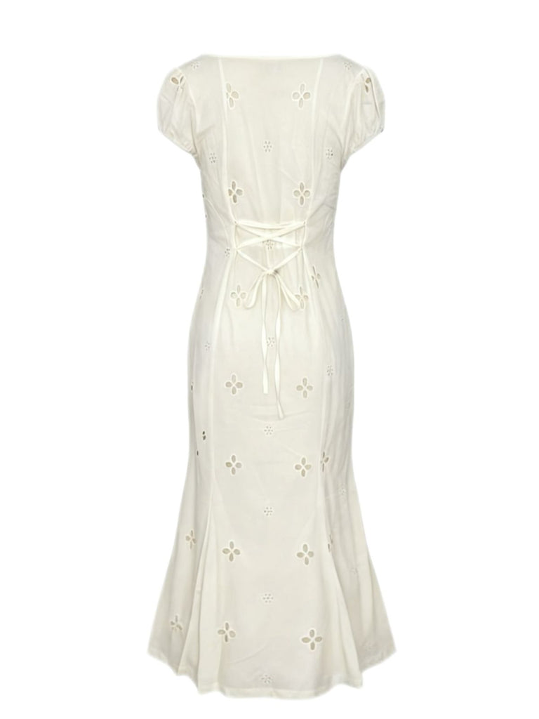 White 1960s Floral Cutout Cap Sleeve Fishtail Dress