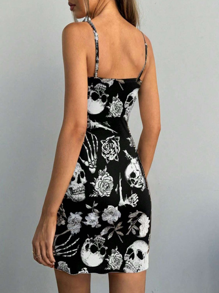 Black 1960s Skull Rose Halloween Bodycon Dress