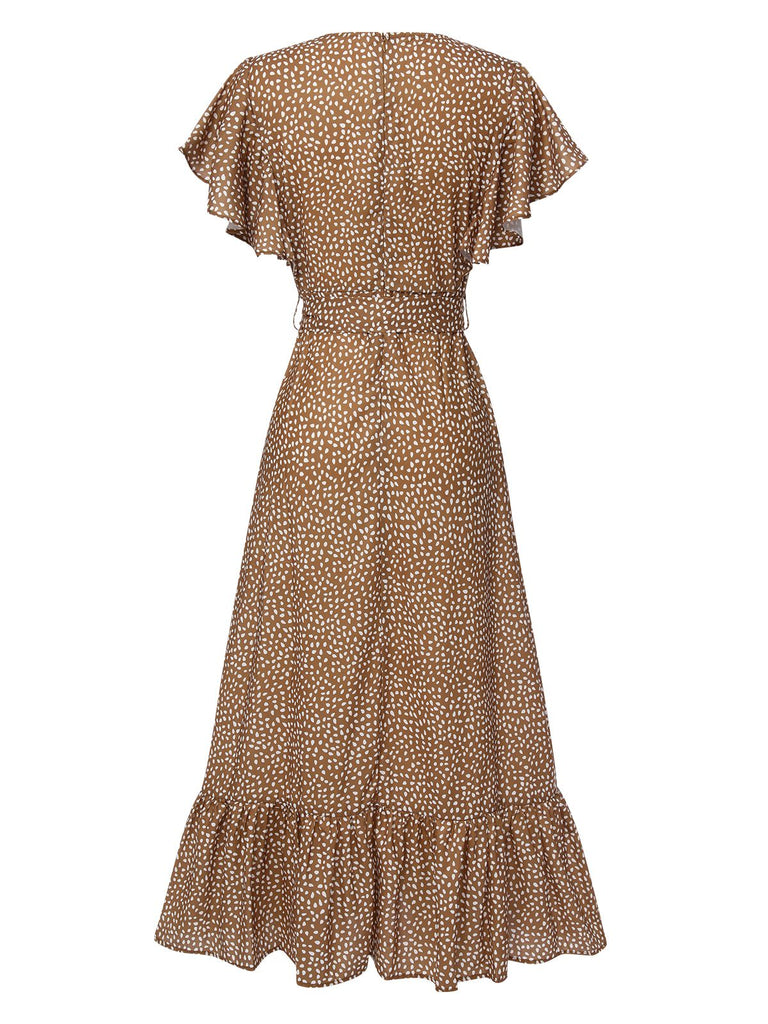 Camel Color 1940s Polka Dots Ruffles Dress, vintage dress, retro fashion - perfect for women who love vintage and retro fashion