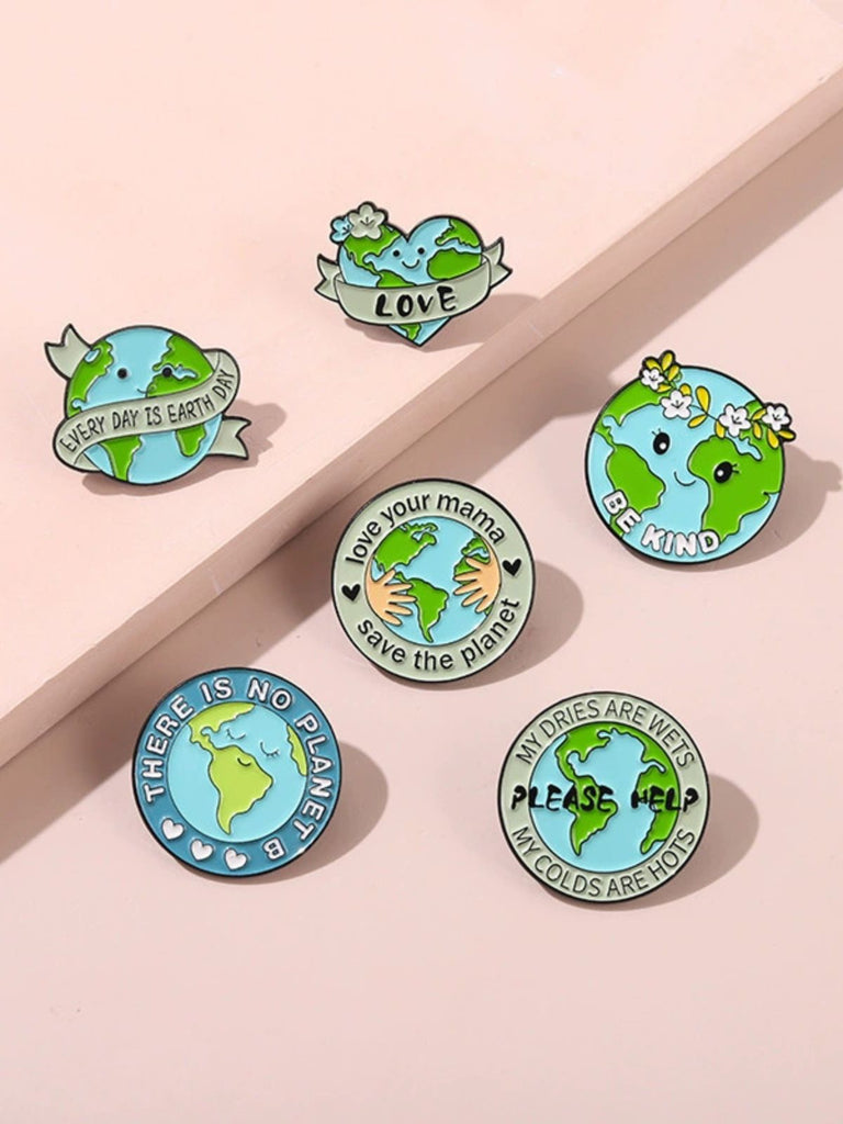 Cartoon Earth Day Letters Round Brooch - vintage fashion, retro style