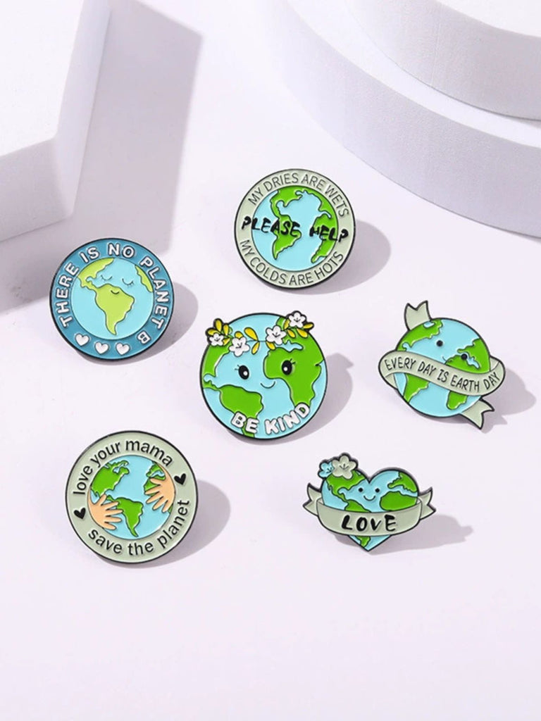 Cartoon Earth Day Letters Round Brooch - vintage fashion, retro style