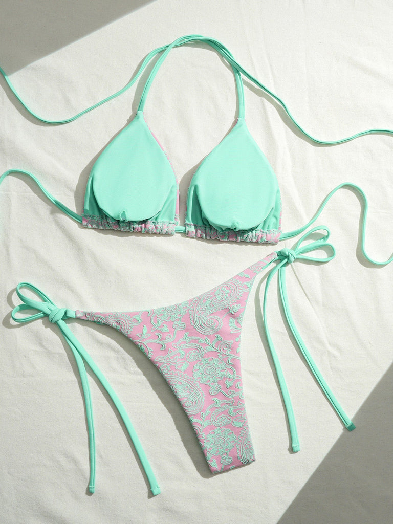 Celadon Green 1980s Textured Lace Bikini Set, vintage swimsuit, pin-up swimwear - perfect for women who love vintage and retro fashion