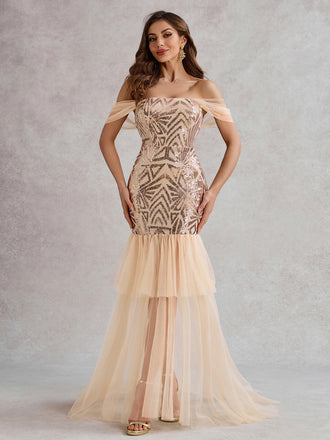 Champagne 1920s Off-Shoulder Sequined Mesh Dress - vintage dress, retro fashion, Gatsby party