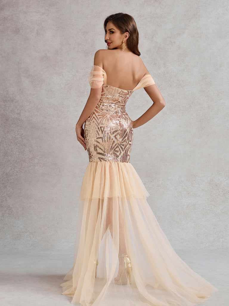 Champagne 1920s Off-Shoulder Sequined Mesh Dress - vintage dress, retro fashion, Gatsby party