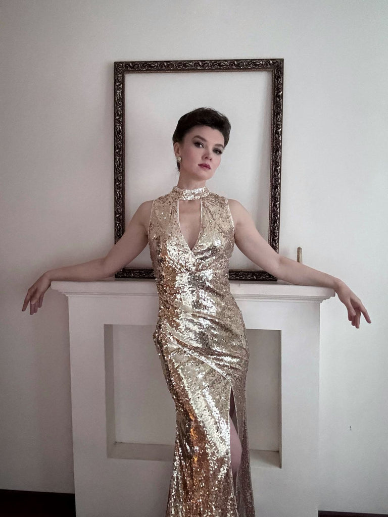 She slips into this Champagne 1930s Keyhole Sequined Maxi Dress and suddenly it's a 1930s daydream