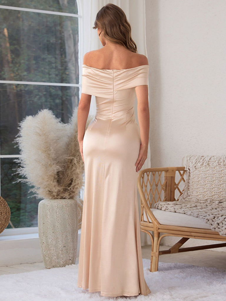Champagne 1930s Off Shoulder Slit Satin Dress - vintage dress, retro fashion