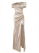 Champagne 1930s Off Shoulder Slit Satin Dress - vintage dress, retro fashion