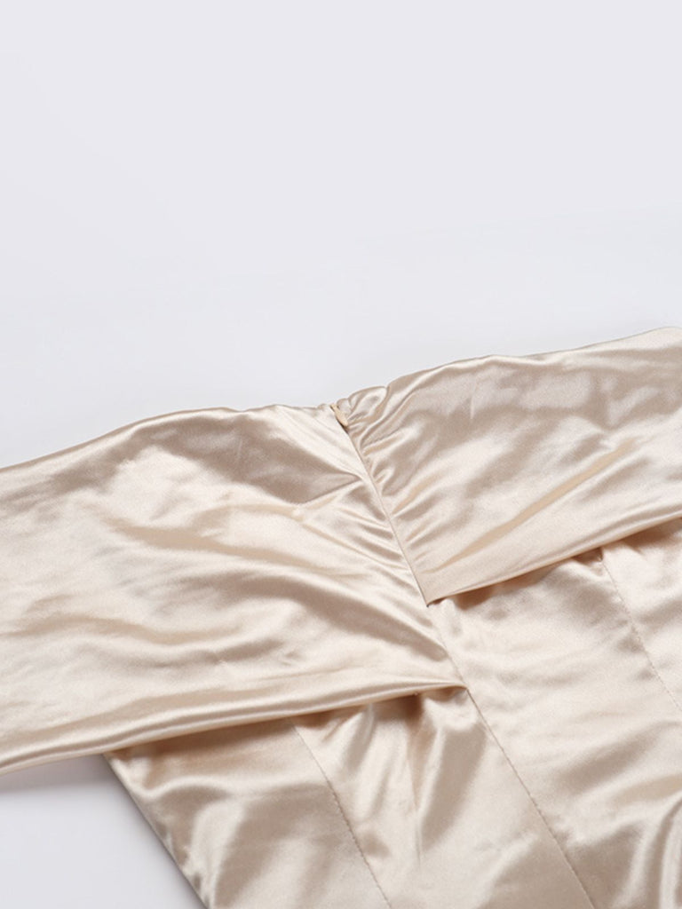Champagne 1930s Off Shoulder Slit Satin Dress - vintage dress, retro fashion