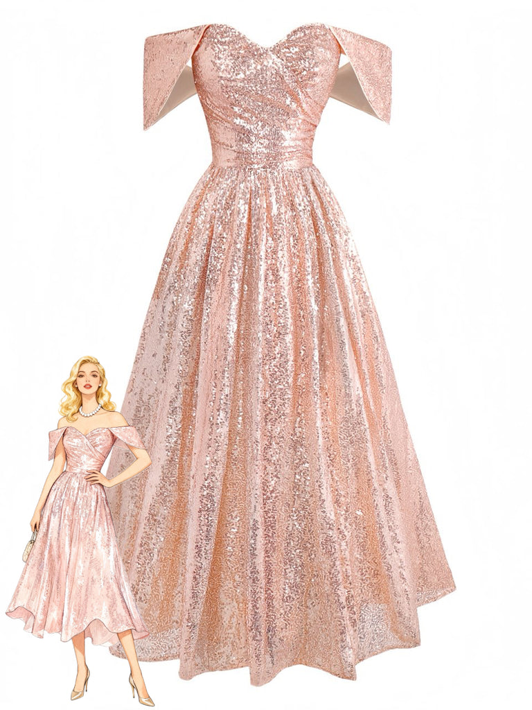 Champagne 1930s Off-Shoulder Sequin Dress - vintage dress, retro fashion