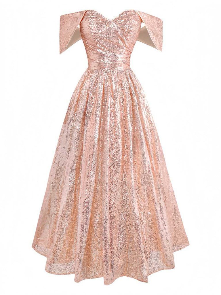 Champagne 1930s Off-Shoulder Sequin Dress - vintage dress, retro fashion