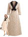 Champagne 1930s Rose Jacquard V-Neck Bow Dress - vintage dress, retro fashion
