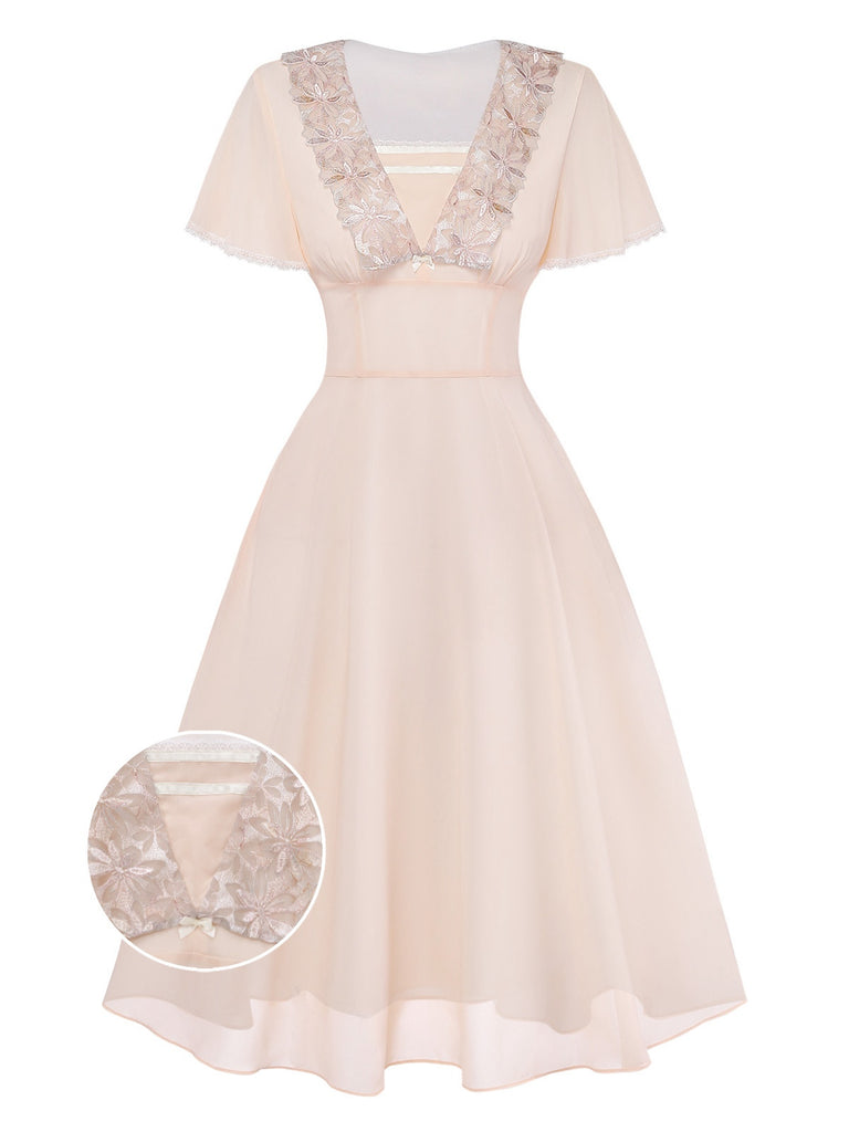 Champagne 1950s Lace Chiffon Ruffle Sleeve Evening Dress - vintage dress, retro fashion, elegant style for vintage lovers