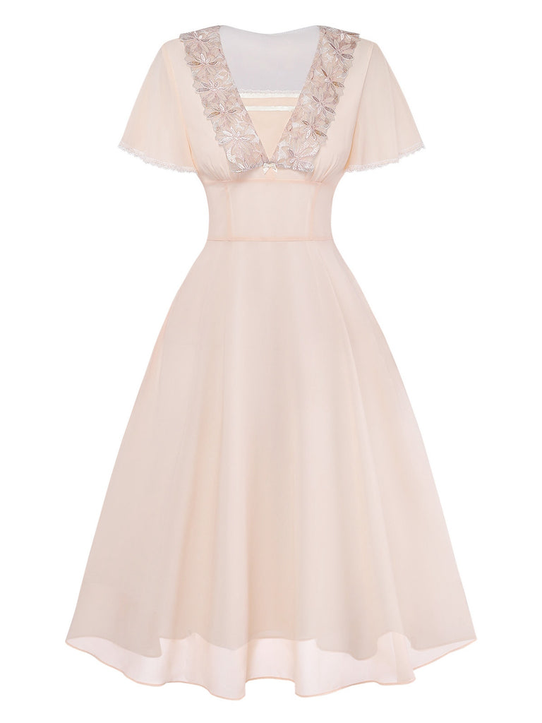 Champagne 1950s Lace Chiffon Ruffle Sleeve Evening Dress: beautiful vintage dress, retro fashion, elegant style with timeless appeal