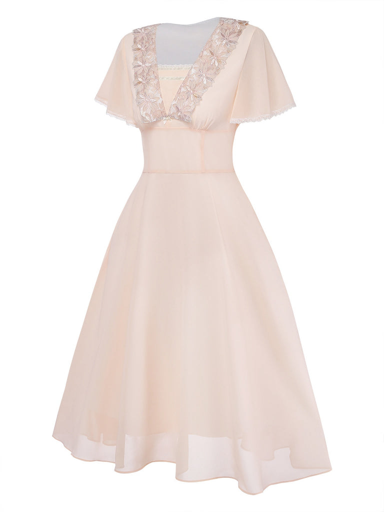 Champagne 1950s Lace Chiffon Ruffle Sleeve Evening Dress | vintage dress, retro fashion, elegant style - perfect for retro fashion enthusiasts