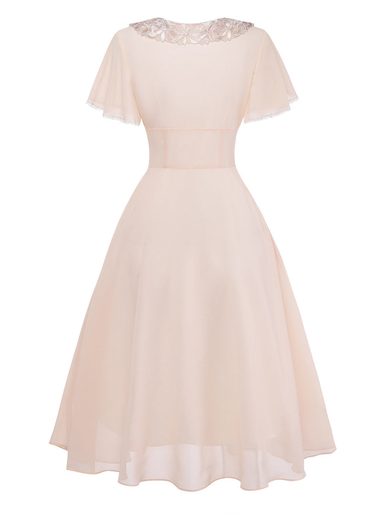 Champagne 1950s Lace Chiffon Ruffle Sleeve Evening Dress - vintage dress, retro fashion, elegant style for vintage lovers
