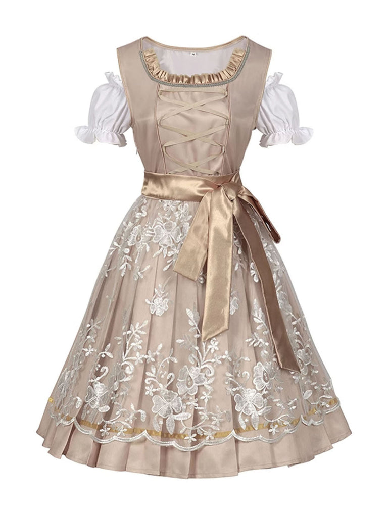 She slips into this Champagne 1950s Puff Top & Floral Bow Dress and suddenly it's a 1950s daydream