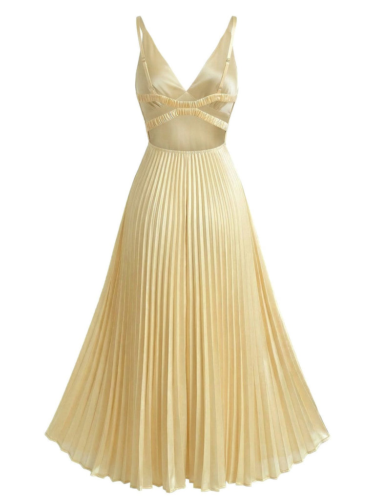 Champagne 1950s Satin Backless Pleated Dress - vintage dress, retro fashion, rockabilly