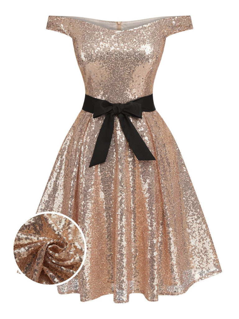 Champagne 1950s Sequined Off-shoulder Dress, vintage dress, retro fashion, rockabilly, pin-up fashion - perfect for women who love vintage and retro fashion