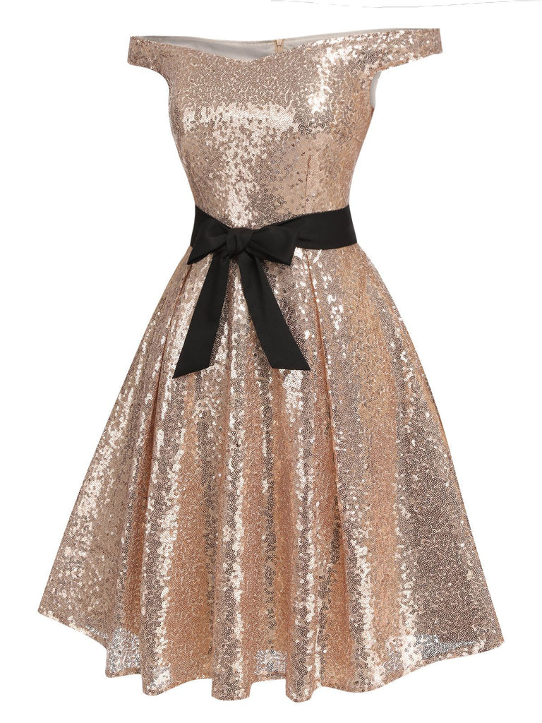 Champagne 1950s Sequined Off-shoulder Dress, vintage dress, retro fashion, rockabilly, pin-up fashion - perfect for women who love vintage and retro fashion