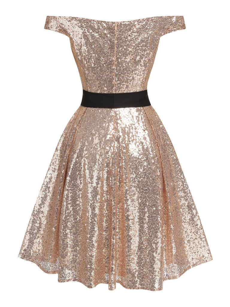 Champagne 1950s Sequined Off-shoulder Dress, vintage dress, retro fashion, rockabilly, pin-up fashion - perfect for women who love vintage and retro fashion