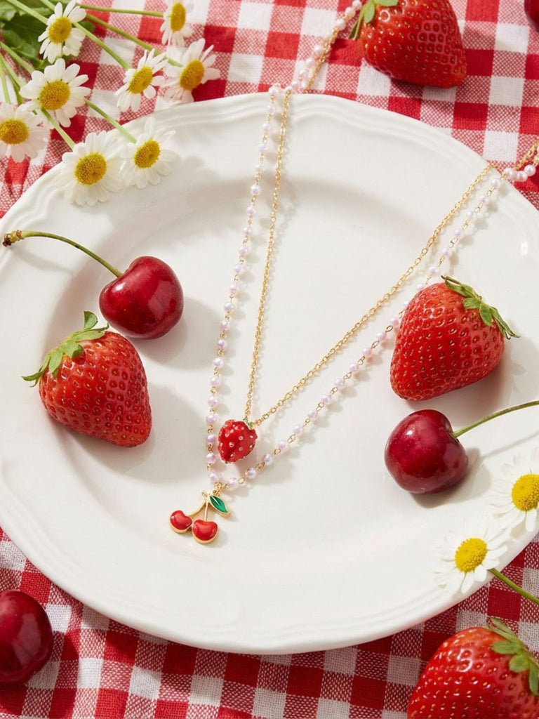Cherry Strawberry Pearl Pendant Layered Necklace - vintage fashion, retro style, elegant red