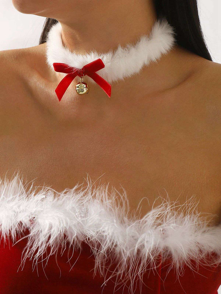 Christmas Bowknot Bell Plush Choker Necklace - vintage fashion, retro style