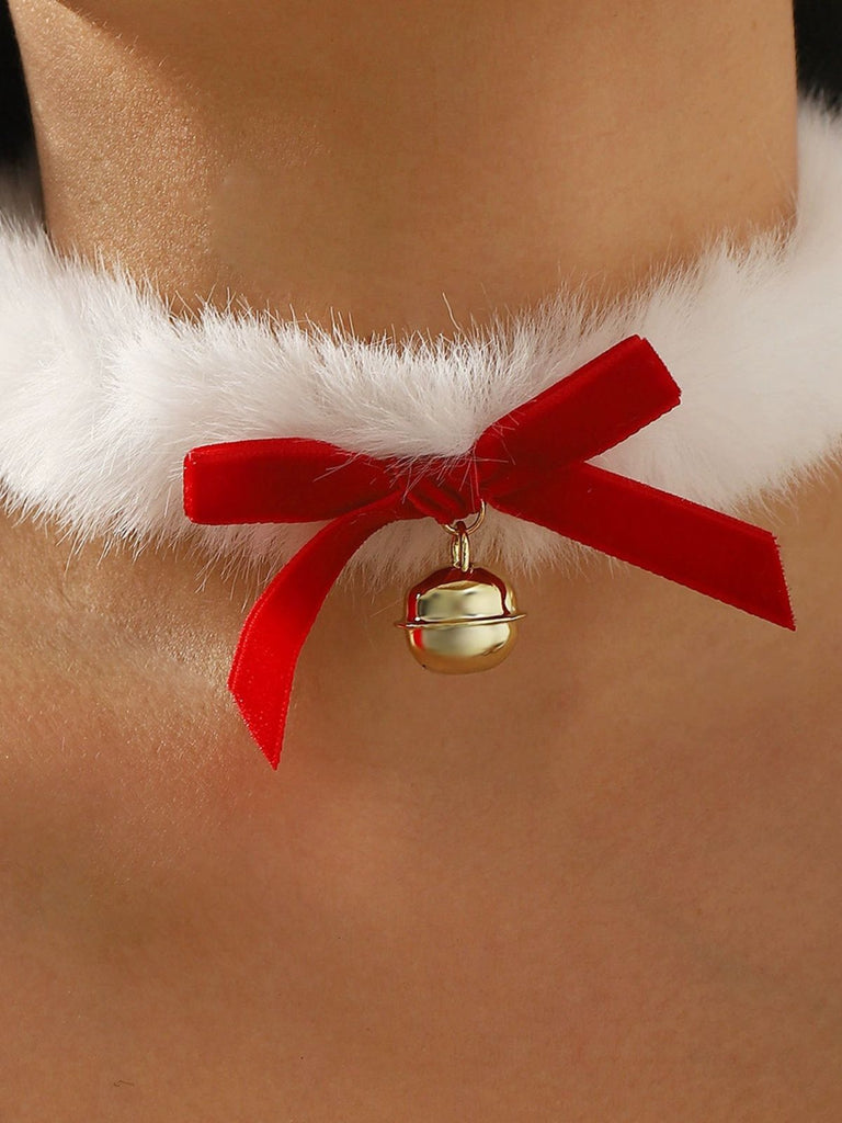 Christmas Bowknot Bell Plush Choker Necklace - vintage fashion, retro style